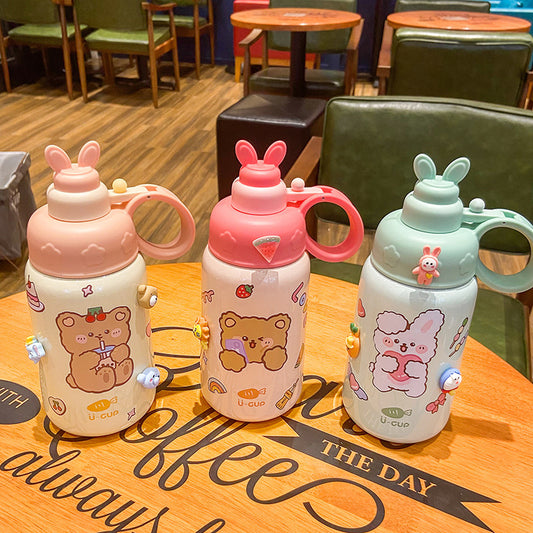 Cute Cartoon Straw Thermos Mug